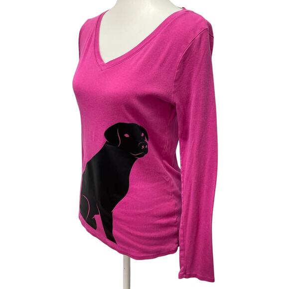 Hand Printed Upcycled Medium Black Lab Dog Puppy Long Sleeve V-Neck Tee - Picture 1 of 6